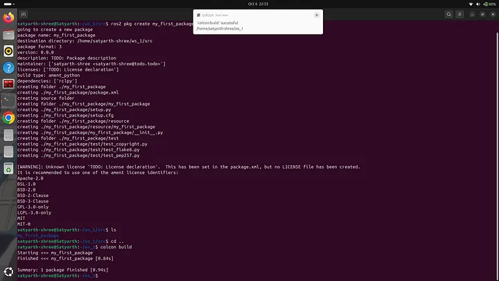 Running "colcon build" to build our workspace