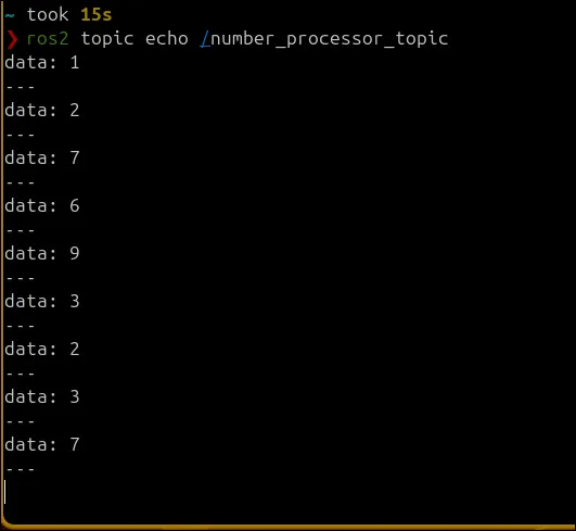 Output of the command — ros2 topic echo /number_processor_topic