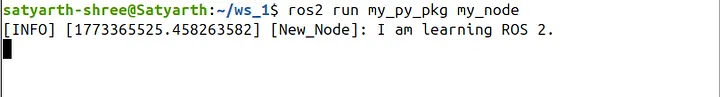 Node output showing the message printed exactly once, since spin() blocks the timer setup that follows it