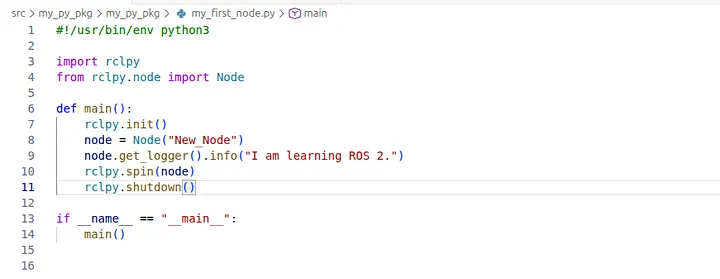 Code screenshot showing rclpy.spin(node) added above rclpy.shutdown()