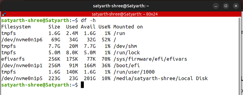 Output of the command "df -h" showing partition sizes