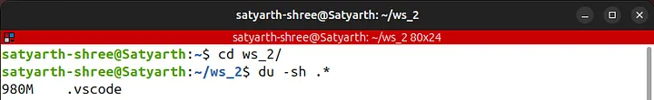 Output of "du -sh .*" showing the .vscode folder consuming almost all the space of the workspace