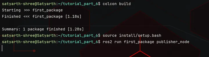 Running publisher node — no output displayed on screen despite the node actively publishing