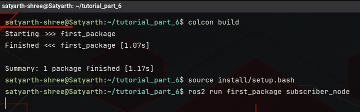 Output after running the subscriber node — no output displayed since publisher isn't running yet