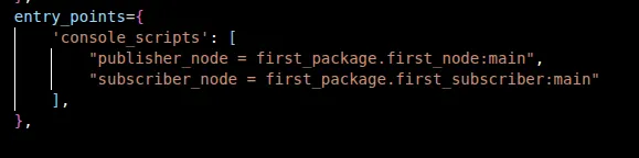 Console scripts section of setup.py file showing entry points for both publisher and subscriber nodes